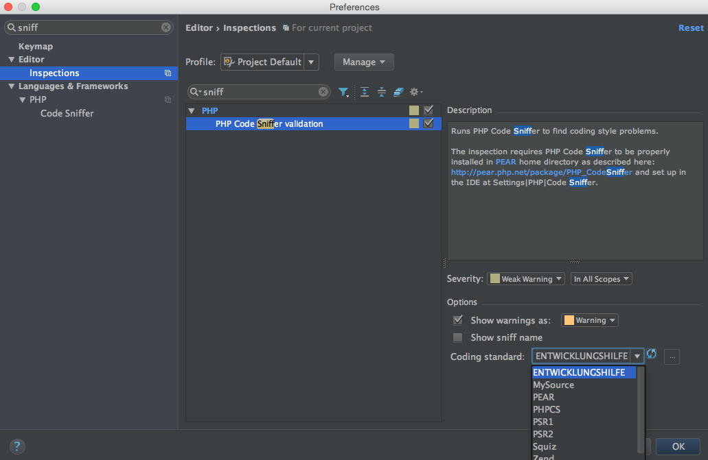 PhpStorm Codesniffer